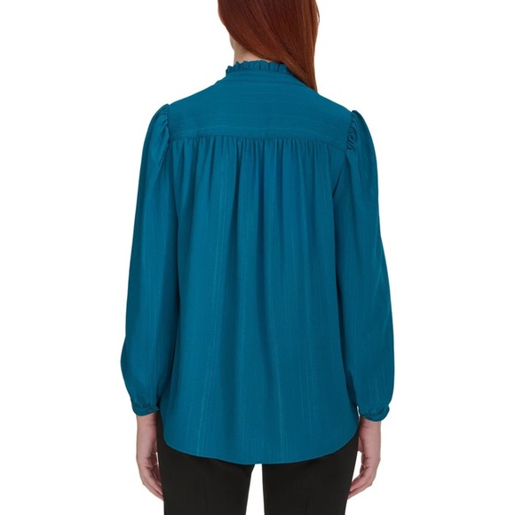 DKNY - Women's Blouse Teal NWOT Long Sleeve Flowy Top Lightweight Ruffle Large - Picture 2 of 11
